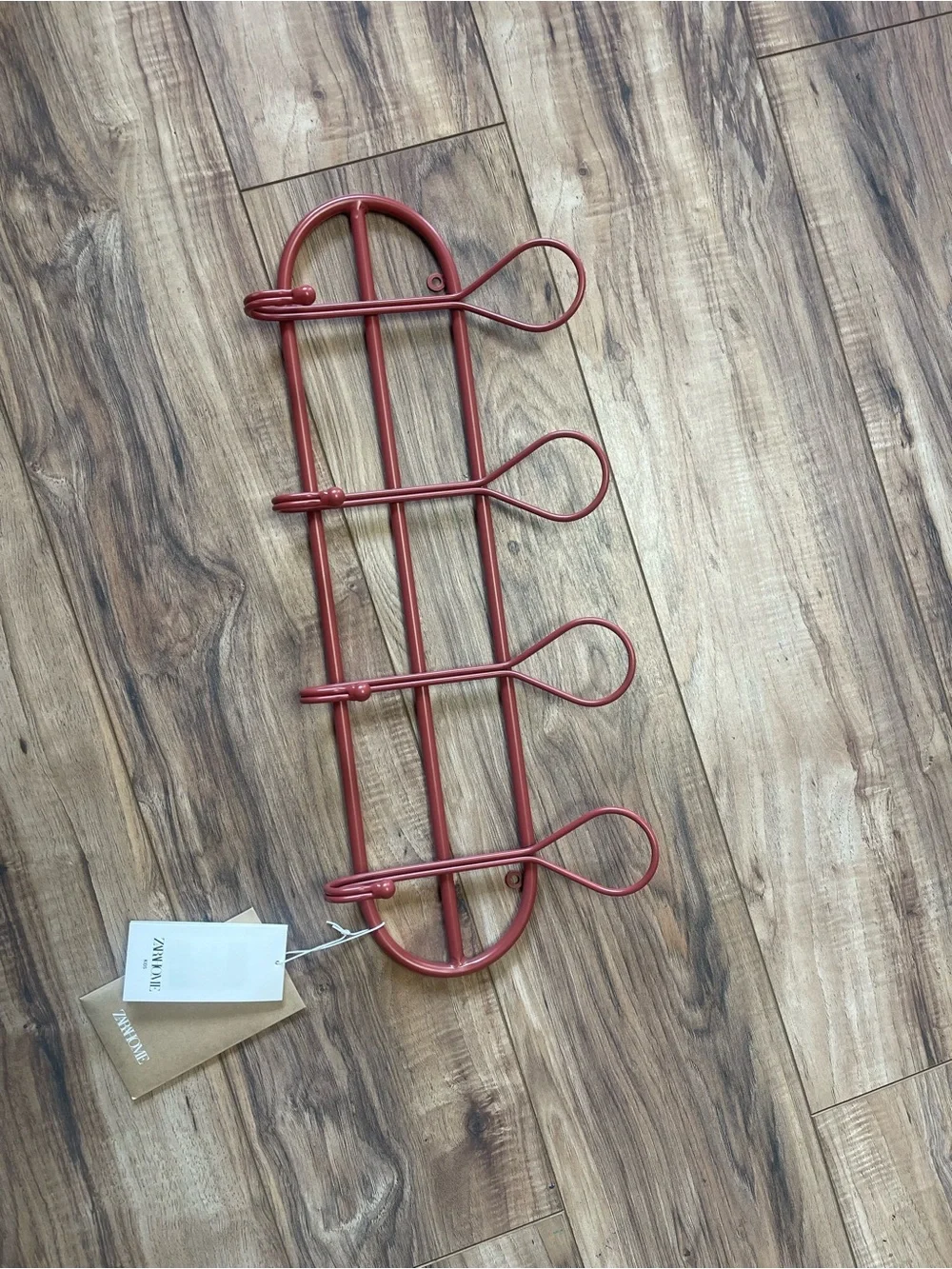 Red Metal Wall Hook Rack - 4 Loop Hooks